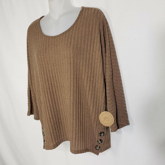 Parallel Skies Womens Sweater Size Large Ribbed Brown 3/4 Sleeve Dolman Buttons - Picture 5 of 8